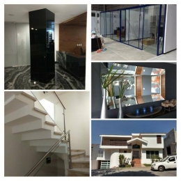 CANCELERIA, BARANDAL TEMPLADO, FORRO DE COLUMNA CON CRISTAL NEGRO, ESPEJO DECORATIVO. - Grupo Espaci...