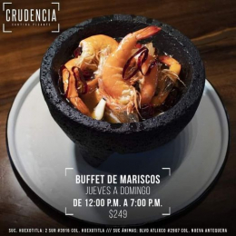 Jueves a domingo: Buffet de mariscos $249
Buffet de mariscos más chiles en nogada $399
12:00 p.m a...